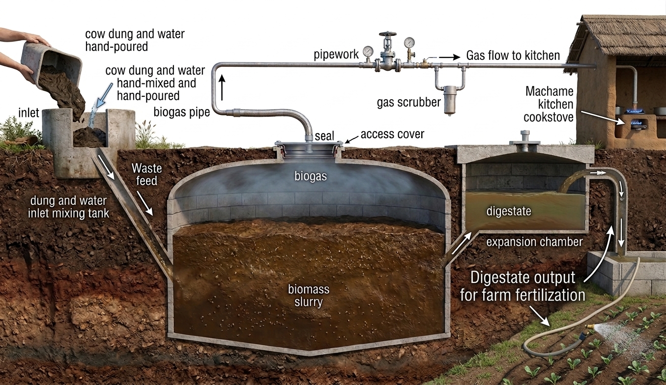 The Machame schematic diagram Diagram showing how a biogas digester works: inlet, slurry, digestive, expansion chamber, gas pipe, outlet